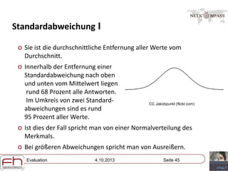 Evaluation 4.10.2013 Seite 45
Standardabweichung I
o Sie ist die durchschnittliche Entfernung aller Werte vom
Durchschnitt.
o Innerhalb der Entfernung einer
Standardabweichung nach oben
und unten vom Mittelwert liegen
rund 68 Prozent alle Antworten.
Im Umkreis von zwei Standard-
abweichungen sind es rund
95 Prozent aller Werte.
o Ist dies der Fall spricht man von einer Normalverteilung des
Merkmals.
o Bei größeren Abweichungen spricht man von Ausreißern.
CC Jakobpunkt (flickr.com)
 