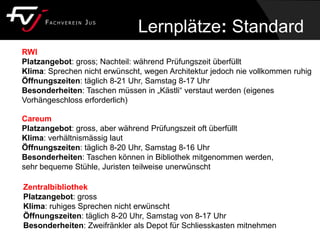 Zentralbibliothek
Platzangebot: gross
Klima: ruhiges Sprechen nicht erwünscht
Öffnungszeiten: täglich 8-20 Uhr, Samstag von 8-17 Uhr
Besonderheiten: Zweifränkler als Depot für Schliesskasten mitnehmen
Careum
Platzangebot: gross, aber während Prüfungszeit oft überfüllt
Klima: verhältnismässig laut
Öffnungszeiten: täglich 8-20 Uhr, Samstag 8-16 Uhr
Besonderheiten: Taschen können in Bibliothek mitgenommen werden,
sehr bequeme Stühle, Juristen teilweise unerwünscht
RWI
Platzangebot: gross; Nachteil: während Prüfungszeit überfüllt
Klima: Sprechen nicht erwünscht, wegen Architektur jedoch nie vollkommen ruhig
Öffnungszeiten: täglich 8-21 Uhr, Samstag 8-17 Uhr
Besonderheiten: Taschen müssen in „Kästli“ verstaut werden (eigenes
Vorhängeschloss erforderlich)
Lernplätze: Standard
 