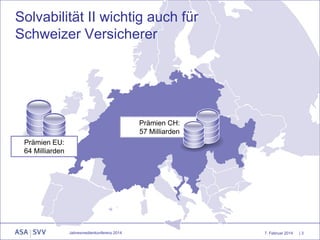 Solvabilität II wichtig auch für
Schweizer Versicherer

Prämien CH:
57 Milliarden
Prämien EU:
64 Milliarden

Jahresmedienkonferenz 2014

7. Februar 2014

|3

 