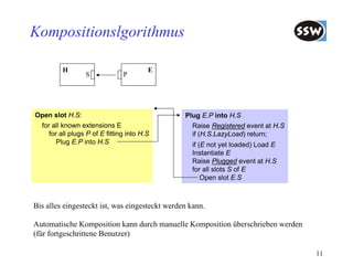 Kompositionslgorithmus

         H                               E
                  S             P




Open slot H.S:                                  Plug E.P into H.S
  for all known extensions E                      Raise Registered event at H.S
     for all plugs P of E fitting into H.S        if (H.S.LazyLoad) return;
        Plug E.P into H.S                         if (E not yet loaded) Load E
                                                  Instantiate E
                                                  Raise Plugged event at H.S
                                                  for all slots S of E
                                                      Open slot E.S



Bis alles eingesteckt ist, was eingesteckt werden kann.

Automatische Komposition kann durch manuelle Komposition überschrieben werden
(für fortgeschrittene Benutzer)

                                                                                  11
 