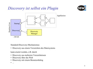 Discovery ist selbst ein Plugin
                                                                    Applikation
Runtime Core




                     Startup


                   Discovery
                                      Discovery
                                      Manager
                   ~ 200 KB




               Standard-Discovery-Mechanismus
               • Discovery aus einem Verzeichnis des Dateisystems
               kann ersetzt werden, z.B. durch
               •   Discovery aus mehreren Verzeichnissen
               •   Discovery über das Web
               •   Discovery mit einem Benutzerdialog
               •   ...
                                                                                  7
 