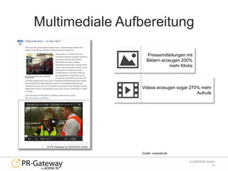 8
© ADENION GmbH
Multimediale Aufbereitung
© PR-Gateway by ADENION GmbH
Quelle: newsaktuell
Pressemitteilungen mit
Bildern...