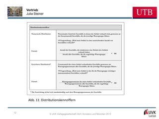 Vertrieb
     Julia Steiner



       Distributionskennziffern


         Numerische Distribution         Prozentualer Anteil der Geschäfte in denen der Artikel verkauft wird, gemessen an
                                         der Gesamtanzahl Geschäfte, die die jeweilige Warengruppe führen.

                                         à Fragestellung: „Wird mein Artikel in einer ausreichenden Anzahl von
                                         Geschäften verkauft?“



                                           Anzahl der Geschäfte, die mindestens eine Einheit des Artikels
         Formel:
                                                                  verkauft haben
                                             Anzahl aller Geschäfte, die die zugehörige Warengruppe           *   100
                                                                      führen



         Gewichtete Distribution*        Umsatzanteil der einen Artikel verkaufenden Geschäfte gemessen am
                                         Warengruppenumsatz aller Geschäfte, die die jeweilige Warengruppe führen.

                                         à Fragestellung: „Wird mein Artikel in den für die Warengruppe wichtigen
                                         (umsatzstarken) Geschäften verkauft?“



         Formel:                              Warengruppenumsatz der einen Artikel verkaufenden Geschäfte
                                                Warengruppenumsatz aller Geschäfte, die die zugehörige    *       100
                                                                Warengruppe führen


        * Die Gewichtung richtet sich standardmäßig nach dem Warengruppenumsatz der Geschäfte.



      Abb. 11: Distributionskennziffern


12
                                  © UVK Verlagsgesellschaft mbH, Konstanz und München 2013
 