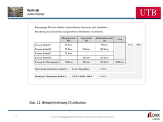 Vertrieb
     Julia Steiner



          Warengruppe XX mit 4 Artikeln in einem fiktiven Universum mit 3 Geschäften.
          Berechnung der numerischen und gewichteten Distribution von Artikel A:

                                       Drogeriemarkt       Supermarkt      Verbrauchermarkt
                                                                                               Total
                                           (W)                (X)                 (Y)
          Umsatz Artikel A                25 Euro                              70 Euro                   67 %   93 %

          Umsatz Artikel B                50 Euro            10 Euro           250 Euro
          Umsatz Artikel C                35 Euro
          Umsatz Artikel D                                   30 Euro           130 Euro

          Umsatz der Warengruppe          110 Euro           40 Euro           450 Euro       600 Euro


          Numerische Distribution Artikel A:     2 von 3 Geschäften           = 67 %


          Gewichtete Distribution Artikel A:     (110 € + 450 €) / 600 €      = 93 %




      Abb. 12: Beispielrechnung Distribution


13
                             © UVK Verlagsgesellschaft mbH, Konstanz und München 2013
 