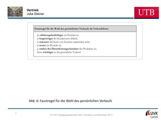 Vertrieb
    Julia Steiner



         Faustregel für die Wahl des persönlichen Verkaufs als Verkaufsform:

           Je erklärungsbedürftiger ein Produkt ist,
           je langwieriger der Kaufprozess abläuft,
           je riskanter der Kauf vom Kunden empfunden wird,
           je teurer ein Produkt ist,
           je stärker der Dienstleistungscharakter des Produktes ist,
           desto wichtiger ist der persönliche Verkauf.




     Abb. 6: Faustregel für die Wahl des persönlichen Verkaufs


7
                       © UVK Verlagsgesellschaft mbH, Konstanz und München 2013
 