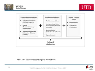 Vertrieb
     Julia Steiner



          Variable Promotionkosten              Fixe Promotionkosten                Interne Prozess-
                                                                                         kosten
             Verpackungsgestaltung                Werbekostenzuschüsse
             (On-Pack, Displays)                                                     Personalkosten


                                        +                                     +
                                                  Anreizgestaltung für den
             Logistik                             Handelspartner, Verkaufs-          Außendienst-
             (Kommissionierung,                   unterlagen                         schulungen ...
             Sondergebinde)
                                                  Kommunikation
             Anreizgestaltung für den             (Endverbraucher/Handel)
             Verbraucher (Rabatte,
             Coupons) ...                         Agenturkosten ...




                                                   Aufwand
                                                  (Industrie)




      Abb. 106: Kostenbetrachtung bei Promotions


73
                         © UVK Verlagsgesellschaft mbH, Konstanz und München 2013
 