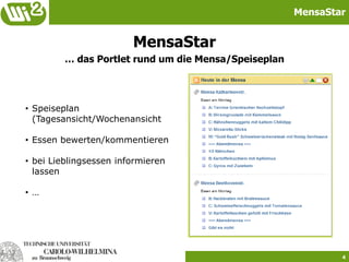 MensaStar


                        MensaStar
         … das Portlet rund um die Mensa/Speiseplan




• Speiseplan
  (Tagesansicht/Wochenansicht

• Essen bewerten/kommentieren

• bei Lieblingsessen informieren
  lassen

• …




                                                              4
 