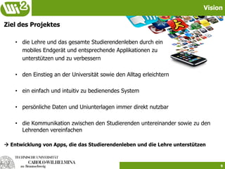 Vision

Ziel des Projektes

    • die Lehre und das gesamte Studierendenleben durch ein
      mobiles Endgerät und entsprechende Applikationen zu
      unterstützen und zu verbessern

    • den Einstieg an der Universität sowie den Alltag erleichtern

    • ein einfach und intuitiv zu bedienendes System

    • persönliche Daten und Uniunterlagen immer direkt nutzbar

    • die Kommunikation zwischen den Studierenden untereinander sowie zu den
      Lehrenden vereinfachen

 Entwicklung von Apps, die das Studierendenleben und die Lehre unterstützen



                                                                                9
 