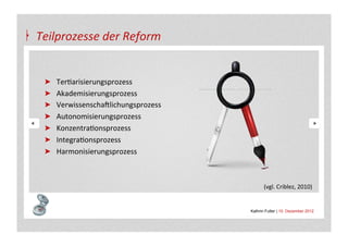 Teilprozesse	
  der	
  Reform	
  


  "          TerAarisierungsprozess	
  
  "          Akademisierungsprozess	
  
  "          VerwissenschaSlichungsprozess	
  
  "          Autonomisierungsprozess	
  
  "          KonzentraAonsprozess	
  
  "          IntegraAonsprozess	
  
  "          Harmonisierungsprozess	
  
  	
  
  	
  
                                                        (vgl.	
  Criblez,	
  2010)	
  	
  


                                                 Kathrin Futter | 10. Dezember 2012
 