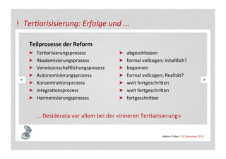 Ter4arisisierung:	
  Erfolge	
  und	
  ...	
  

  Teilprozesse	
  der	
  Reform	
  
  "          TerAarisierungsprozess	
                      "          abgeschlossen	
  
  "          Akademisierungsprozess	
                      "          formal	
  vollzogen;	
  inhaltlich?	
  
  "          VerwissenschaSlichungsprozess	
               "          begonnen	
  
  "          Autonomisierungsprozess	
                     "          formal	
  vollzogen;	
  Realität?	
  
  "          KonzentraAonsprozess	
                        "          weit	
  fortgeschri+en	
  
  "          IntegraAonsprozess	
                          "          weit	
  fortgeschri+en	
  
  "          Harmonisierungsprozess	
                      "          fortgeschri+en	
  
  	
                                                       	
  
  	
                                                             	
  
             ...	
  Desiderata	
  vor	
  allem	
  bei	
  der	
  «inneren	
  TerAarisierung»	
  
  	
  


                                                                                            Kathrin Futter | 10. Dezember 2012
 