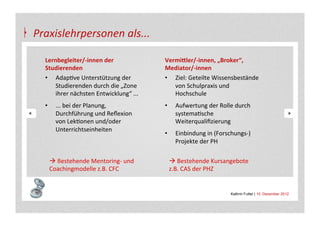 Praxislehrpersonen	
  als...	
  

   Lernbegleiter/-­‐innen	
  der	
                      VermiLler/-­‐innen,	
  „Broker“,	
  
   Studierenden	
                                       Mediator/-­‐innen	
  
   •  AdapAve	
  Unterstützung	
  der	
                 •  Ziel:	
  Geteilte	
  Wissensbestände	
  
       Studierenden	
  durch	
  die	
  „Zone	
             von	
  Schulpraxis	
  und	
  
       ihrer	
  nächsten	
  Entwicklung“	
  ...	
          Hochschule	
  
   •         ...	
  bei	
  der	
  Planung,	
            •      Aufwertung	
  der	
  Rolle	
  durch	
  
             Durchführung	
  und	
  Reﬂexion	
                 systemaAsche	
  
             von	
  LekAonen	
  und/oder	
                     Weiterqualiﬁzierung	
  
             Unterrichtseinheiten	
  
                                                        •      Einbindung	
  in	
  (Forschungs-­‐)	
  
                                                               Projekte	
  der	
  PH	
  
   	
  
          à	
  Bestehende	
  Mentoring-­‐	
  und	
          à	
  Bestehende	
  Kursangebote	
  
          Coachingmodelle	
  z.B.	
  CFC	
                   z.B.	
  CAS	
  der	
  PHZ	
  


                                                                                           Kathrin Futter | 10. Dezember 2012
 