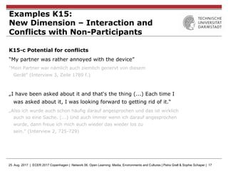 25. Aug. 2017 | ECER 2017 Copenhagen | Network 06. Open Learning: Media, Environments and Cultures | Petra Grell & Sophie Schaper | 17
Examples K15:
New Dimension – Interaction and
Conflicts with Non-Participants
K15-c Potential for conflicts
“My partner was rather annoyed with the device”
"Mein Partner war nämlich auch ziemlich genervt von diesem
Gerät" (Interview 3, Zeile 1789 f.)
„I have been asked about it and that‘s the thing (...) Each time I
was asked about it, I was looking forward to getting rid of it.“
„Also ich wurde auch schon häufig darauf angesprochen und das ist wirklich
auch so eine Sache. (...) Und auch immer wenn ich darauf angesprochen
wurde, dann freue ich mich auch wieder das wieder los zu
sein." (Interview 2, 725-729)
 