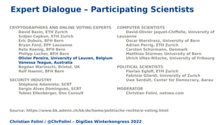 Christian Folini / @ChrFolini – DigiGes Winterkongress 2022
CRYPTOGRAPHERS AND ONLINE VOTING EXPERTS
David Basin, ETH Zurich
Srdjan Capkun, ETH Zurich
Eric Dubuis, BFH Bern
Bryan Ford, EPF Lausanne
Reto Koenig, BFH Bern
Philipp Locher, BFH Bern
Olivier Pereira, University of Leuven, Belgium
Vanessa Teague, Australia
Bogdan Warinschi, Bristol, UK
Rolf Haenni, BFH Bern
SECURITY INDUSTRY
Stéphane Adamiste, SCRT
Sergio Alves Domingues, SCRT
Tobias Ellenberger, One Consult
Source: https://www.bk.admin.ch/bk/de/home/politische-rechte/e-voting.html
COMPUTER SCIENTISTS
David-Olivier Jaquet-Chiffelle, University of
Lausanne
Oscar Nierstrasz, University of Bern
Adrian Perrig, ETH Zurich
Carsten Schürmann, Denmark
Matthias Stürmer, University of Bern
Ulrich Ultes-Nitsche, University of Fribourg
POLITICAL SCIENTISTS
Florian Egloff, ETH Zurich
Fabrizio Gilardi, University of Zurich
Uwe Serdült, Center for Democracy, Aarau
MODERATOR
Christian Folini, netnea.com
Expert Dialogue – Participating Scientists
 