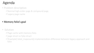Agenda
• Problem description
✓Normal high-order page & compound page
✓Legacy page cache
• Memory folio’s goal
• Solution
✓Page cache with memory folio
✓page struct vs folio struct
✓[Example] total_mapcount() implementation difference between legacy approach and
folio
 