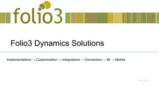 Folio3 Dynamics Solutions
Implementations → Customization → Integrations → Connectors → BI → Mobile
Q4 2018
 