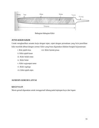 16
Bahagian-bahagian Kikir
JENIS-KIKIR KIKIR
Untuk menghasilkan sesuatu kerja dengan tepat, cepat dengan permukaan yang licin pemilihan
kikir mestilah dibuat dengan cermat. Kikir yang biasa digunakan didalam bengkel kejuruteraan:
i. Kikr pipih tirus viii. Kikir bentuk pisau
ii. Kikir pipih kasar
iii. Kikir belah rotan
iv. Kikir bulat
v. Kikir segiempat sama
vi. Kikir segitiga
vii. Kikir pipih nipis
10.MESIN GERUDI LANTAI
KEGUNAAN
Mesin gerudi digunakan untuk menggerudi lubang pada kepingan kayu dan logam
 