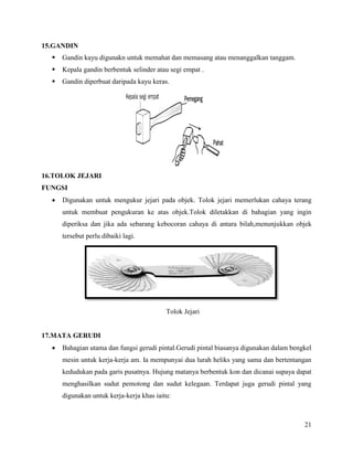 21
15.GANDIN
 Gandin kayu digunakn untuk memahat dan memasang atau menanggalkan tanggam.
 Kepala gandin berbentuk selinder atau segi empat .
 Gandin diperbuat daripada kayu keras.
16.TOLOK JEJARI
FUNGSI
 Digunakan untuk mengukur jejari pada objek. Tolok jejari memerlukan cahaya terang
untuk membuat pengukuran ke atas objek.Tolok diletakkan di bahagian yang ingin
diperiksa dan jika ada sebarang kebocoran cahaya di antara bilah,menunjukkan objek
tersebut perlu dibaiki lagi.
Tolok Jejari
17.MATA GERUDI
 Bahagian utama dan fungsi gerudi pintal.Gerudi pintal biasanya digunakan dalam bengkel
mesin untuk kerja-kerja am. Ia mempunyai dua lurah heliks yang sama dan bertentangan
kedudukan pada garis pusatnya. Hujung matanya berbentuk kon dan dicanai supaya dapat
menghasilkan sudut pemotong dan sudut kelegaan. Terdapat juga gerudi pintal yang
digunakan untuk kerja-kerja khas iaitu:
 