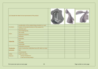 (d) Evaluate the ideas for the improvement of the product
Functions
consideration of the original design situation or need
analysis of intended functions of the product for
potential users
Users
users/target group
user needs
ergonomic features
aesthetics
Materials
properties
cost
recyclable
sustainable
Production
processes
production processes
scale of production (individual (one-off), batch or mass)
cost
environmental
Safety
features
health and safety
· during manufacture
· in the use of the product
First name Last name on every page 18 Page number on every page
 
