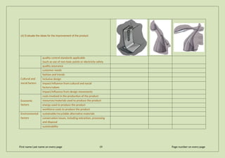 (d) Evaluate the ideas for the improvement of the product
quality control standards applicable
(such as use of non-toxic paints or electricity safety
quality assurance
Cultural and
social factors
customer needs
fashion and trends
inclusive design
impact/influence from cultural and social
factors/values
impact/influence from design movements
Economic
factors
costs involved in the production of the product
resources/materials used to produce the product
energy used to produce the product
workforce costs to produce the product
Environmental
factors
sustainable/recyclable alternative materials
conservation issues, including extraction, processing
and disposal
sustainability
First name Last name on every page 19 Page number on every page
 