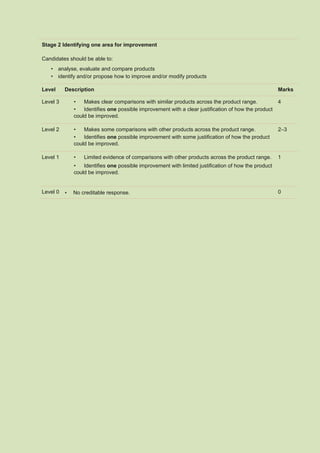 Stage 2 Identifying one area for improvement
Candidates should be able to:
• analyse, evaluate and compare products
• identify and/or propose how to improve and/or modify products
Level Description Marks
Level 3 • Makes clear comparisons with similar products across the product range.
• Identifies one possible improvement with a clear justification of how the product
could be improved.
4
Level 2 • Makes some comparisons with other products across the product range.
• Identifies one possible improvement with some justification of how the product
could be improved.
2–3
Level 1 • Limited evidence of comparisons with other products across the product range.
• Identifies one possible improvement with limited justification of how the product
could be improved.
1
Level 0 • No creditable response. 0
 