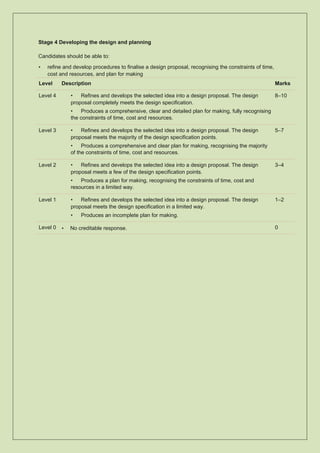 Stage 4 Developing the design and planning
Candidates should be able to:
• refine and develop procedures to finalise a design proposal, recognising the constraints of time,
cost and resources, and plan for making
Level Description Marks
Level 4 • Refines and develops the selected idea into a design proposal. The design
proposal completely meets the design specification.
• Produces a comprehensive, clear and detailed plan for making, fully recognising
the constraints of time, cost and resources.
8–10
Level 3 • Refines and develops the selected idea into a design proposal. The design
proposal meets the majority of the design specification points.
• Produces a comprehensive and clear plan for making, recognising the majority
of the constraints of time, cost and resources.
5–7
Level 2 • Refines and develops the selected idea into a design proposal. The design
proposal meets a few of the design specification points.
• Produces a plan for making, recognising the constraints of time, cost and
resources in a limited way.
3–4
Level 1 • Refines and develops the selected idea into a design proposal. The design
proposal meets the design specification in a limited way.
• Produces an incomplete plan for making.
1–2
Level 0 • No creditable response. 0
 