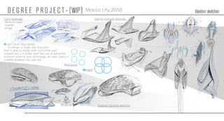 Project brief description:
- To design a single seat transport
that is able to merge with each other and
expand into a 4 seater with the use of advanced
polymer material and technology. An open space is
created between the user too.
Individual
Merged!
Exterior concept sketches
Interior concept sketchesForm language
Mexican eagle
feather
wings
Mexico city,2050	
 