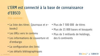43 www.folio.org et
L’ERM est connecté à la base de connaissance
d’EBSCO
• La liste des titres (journaux et e-
books)
• Les URLs vers le contenu
• Les informations de couverture et
d’embargo
• La configuration des liens
• Les détails bibliographiques
Elle contient :
• Plus de 7 500 000 de titres
• Plus de 21 000 bases et bouquets
• Plus de 3 milliards de holdings,
des 6 continents
 