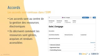 45 www.folio.org et
Accords
• Les accords sont au centre de
la gestion des ressources
électroniques
• Ils décrivent comment les
ressources sont gérées,
acquises et rendues
accessibles
Les accords sont centraux dans l’ERM
 
