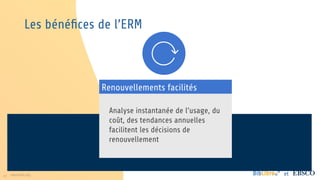 47 www.folio.org et
Les bénéfices de l’ERM
Renouvellements facilités
Analyse instantanée de l’usage, du
coût, des tendances annuelles
facilitent les décisions de
renouvellement
 