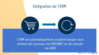 54 www.folio.org et
Intégration de l’ERM
L’ERM est automatiquement actualisé lorsque vous
achetez des journaux via EBSCONET ou des ebooks
via GOBI
 