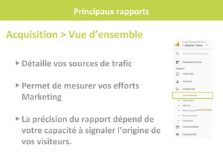 Principaux rapports
▸ Détaille vos sources de trafic
▸ Permet de mesurer vos efforts
Marketing
▸ La précision du rapport dépend de
votre capacité à signaler l’origine de
vos visiteurs.
Acquisition > Vue d’ensemble
 