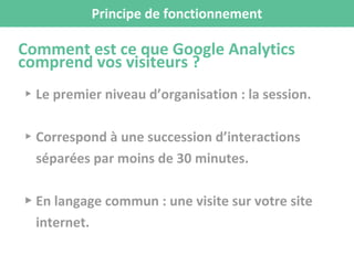 Principe de fonctionnement
Comment est ce que Google Analytics
comprend vos visiteurs ?
▸ Le premier niveau d’organisation...