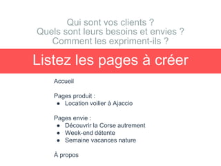 Listez les pages à créer
Accueil
Pages produit :
● Location voilier à Ajaccio
Pages envie :
● Découvrir la Corse autrement
● Week-end détente
● Semaine vacances nature
À propos
Comment les expriment-ils ?
Quels sont leurs besoins et envies ?
Qui sont vos clients ?
 