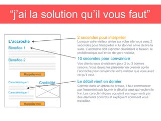 “j’ai la solution qu’il vous faut”
Lorsque votre visiteur arrive sur votre site vous avez 2
secondes pour l’interpeller et lui donner envie de lire la
suite. L’accroche doit exprimer clairement le besoin, la
problématique ou l’envie de votre visiteur.
L’accroche
2 secondes pour interpeller
Bénéfice 1
10 secondes pour convaincre
Vos clients vous choisissent pour 2 ou 3 bonnes
raisons. Vous devez les présenter en premier après
l’accroche pour convaincre votre visiteur que vous avez
ce qu’il veut.
Bénéfice 2
Rappelez-moi
CrédibilitéCaractéristique 1
Caractéristique 1
Rappelez-moi
Le détail vient en dernier
Comme dans un article de presse, il faut commencer
par l’essentiel puis fournir le détail à ceux qui veulent le
lire. Les caractéristiques appuient vos arguments par
des éléments concrets et expliquent comment vous
travaillez.
 