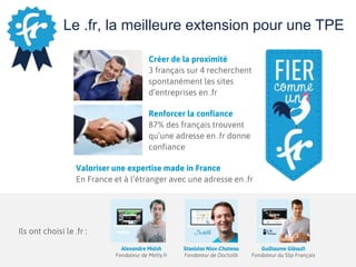 Le .fr, la meilleure extension pour une TPE
Créer de la proximité
3 français sur 4 recherchent
spontanément les sites
d’entreprises en .fr
Renforcer la confiance
87% des français trouvent
qu’une adresse en .fr donne
confiance
Valoriser une expertise made in France
En France et à l’étranger avec une adresse en .fr
Ils ont choisi le .fr :
Stanislas Niox-Chateau
Fondateur de Doctolib
Guillaume Gibault
Fondateur du Slip Français
Alexandre Malsh
Fondateur de Melty.fr
 