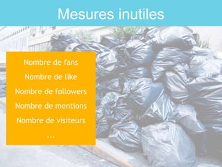Mesures inutiles
Nombre de fans
Nombre de like
Nombre de followers
Nombre de mentions
Nombre de visiteurs
...
 