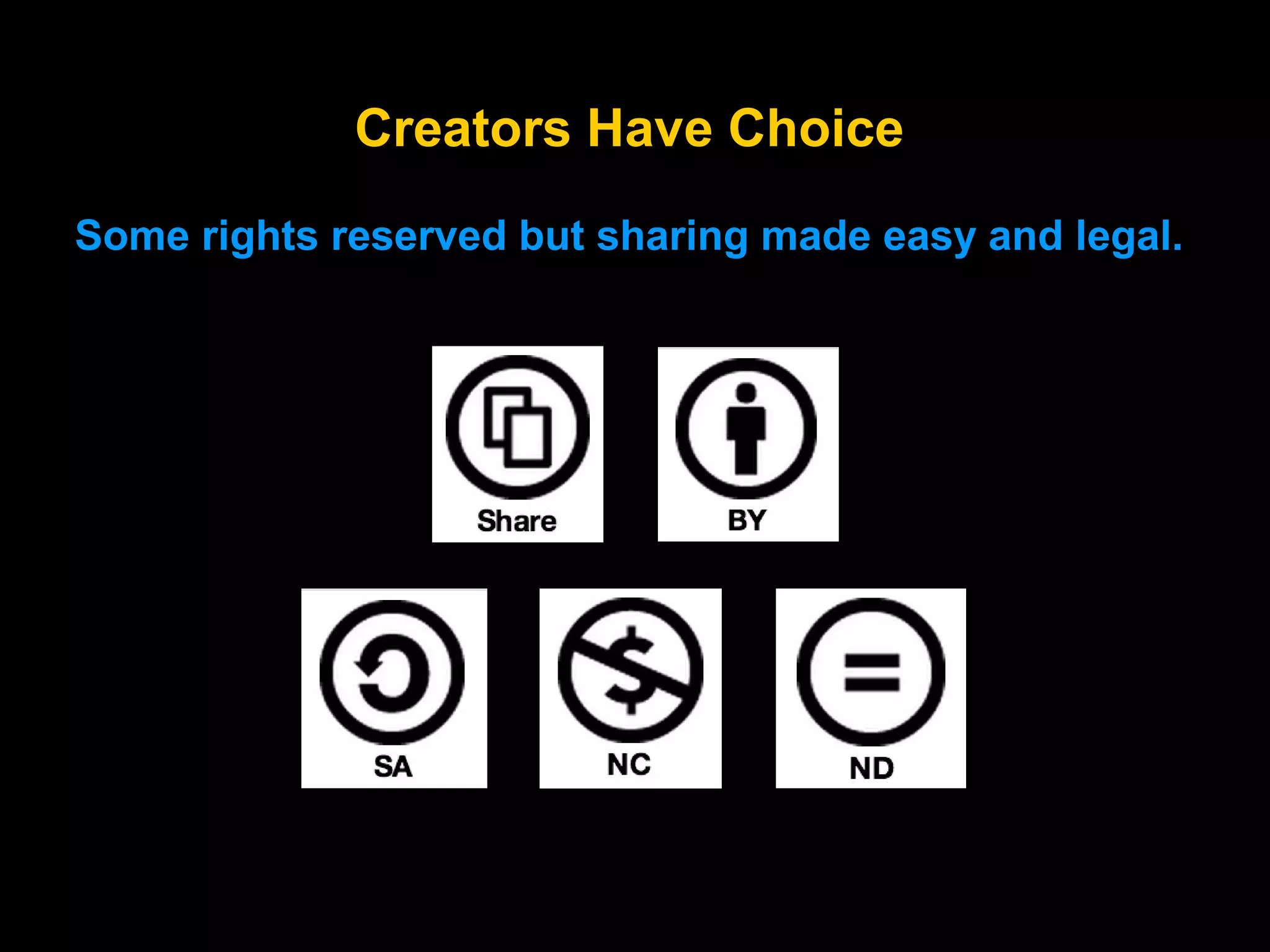 Creators Have Choice
Some rights reserved but sharing made easy and legal.

 