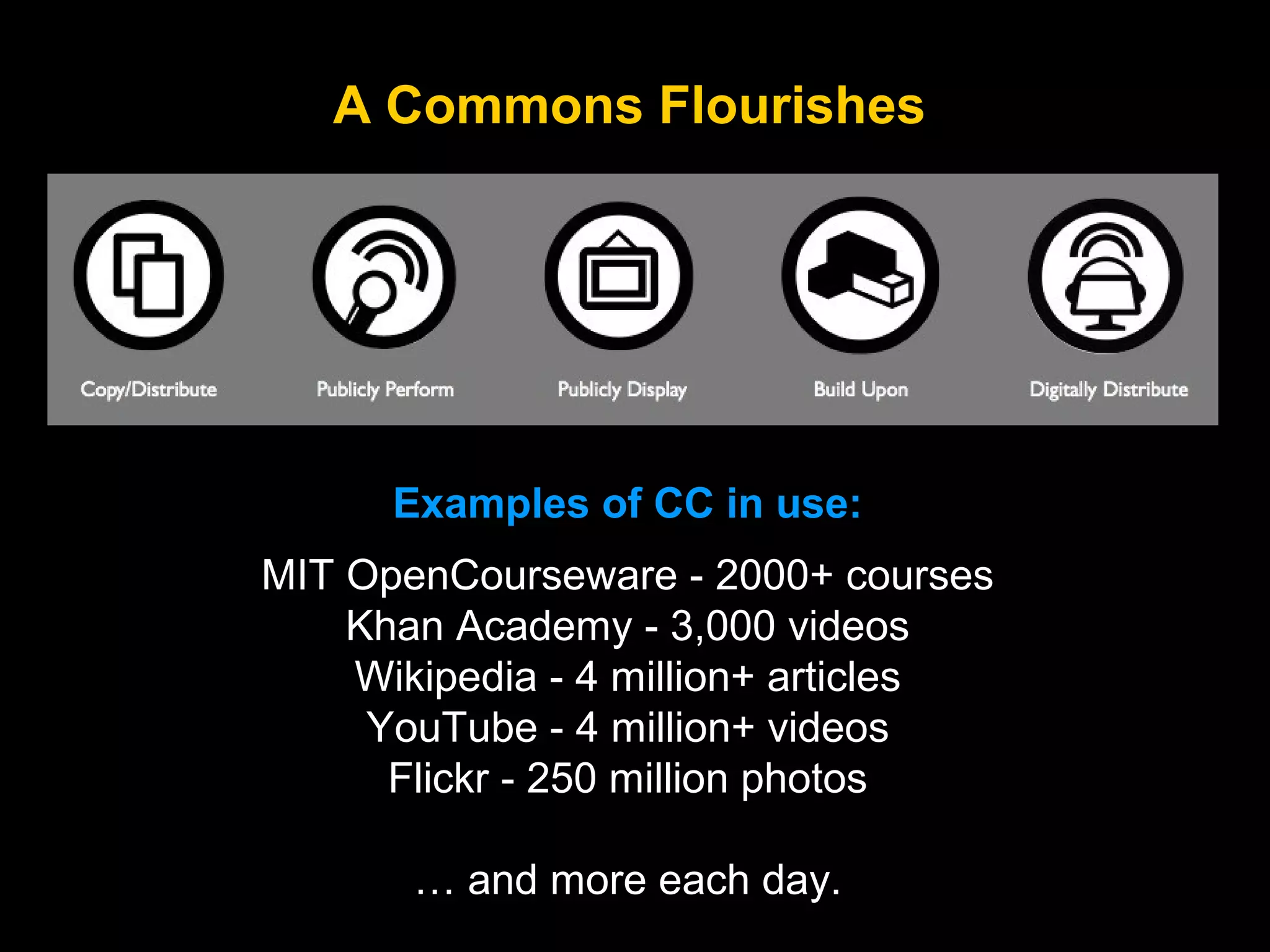 A Commons Flourishes

Examples of CC in use:
MIT OpenCourseware - 2000+ courses
Khan Academy - 3,000 videos
Wikipedia - 4 million+ articles
YouTube - 4 million+ videos
Flickr - 250 million photos
… and more each day.

 