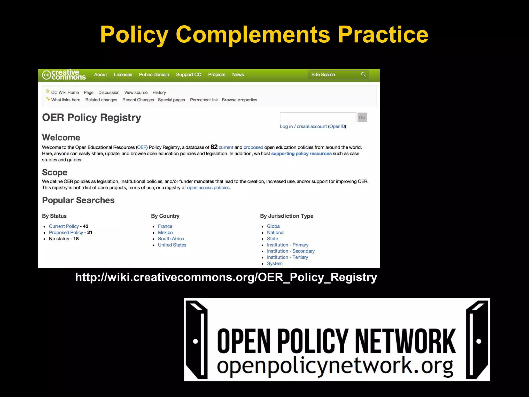 Policy Complements Practice

http://wiki.creativecommons.org/OER_Policy_Registry

 