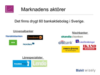 Marknadens aktörer Det finns drygt 60 bankaktiebolag i Sverige.  Universalbanker Nischbanker  Lånespecialister   