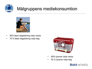 Målgruppens mediekonsumtion 80% lyssnar varje vecka 42 % lyssnar varje dag 90% läser dagstidning varje vecka 70 % läser dagstidning varje dag 