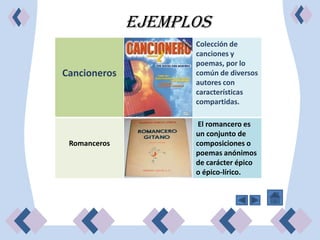 Ejemplos
                    Colección de
                    canciones y
                    poemas, por lo
Cancioneros         común de diversos
                    autores con
                    características
                    compartidas.

                     El romancero es
                    un conjunto de
 Romanceros         composiciones o
                    poemas anónimos
                    de carácter épico
                    o épico-lírico.
 