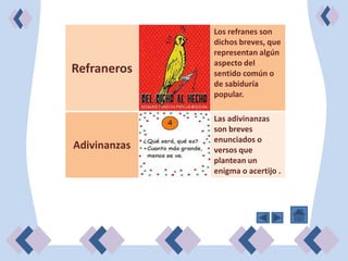 Los refranes son
              dichos breves, que
              representan algún
              aspecto del
Refraneros    sentido común o
              de sabiduría
              popular.

              Las adivinanzas
              son breves
              enunciados o
Adivinanzas   versos que
              plantean un
              enigma o acertijo .
 