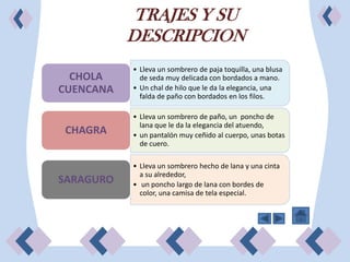 TRAJES Y SU
           DESCRIPCION
           • Lleva un sombrero de paja toquilla, una blusa
  CHOLA      de seda muy delicada con bordados a mano.
CUENCANA   • Un chal de hilo que le da la elegancia, una
             falda de paño con bordados en los filos.

           • Lleva un sombrero de paño, un poncho de
             lana que le da la elegancia del atuendo,
 CHAGRA    • un pantalón muy ceñido al cuerpo, unas botas
             de cuero.

           • Lleva un sombrero hecho de lana y una cinta
             a su alrededor,
SARAGURO   • un poncho largo de lana con bordes de
             color, una camisa de tela especial.
 