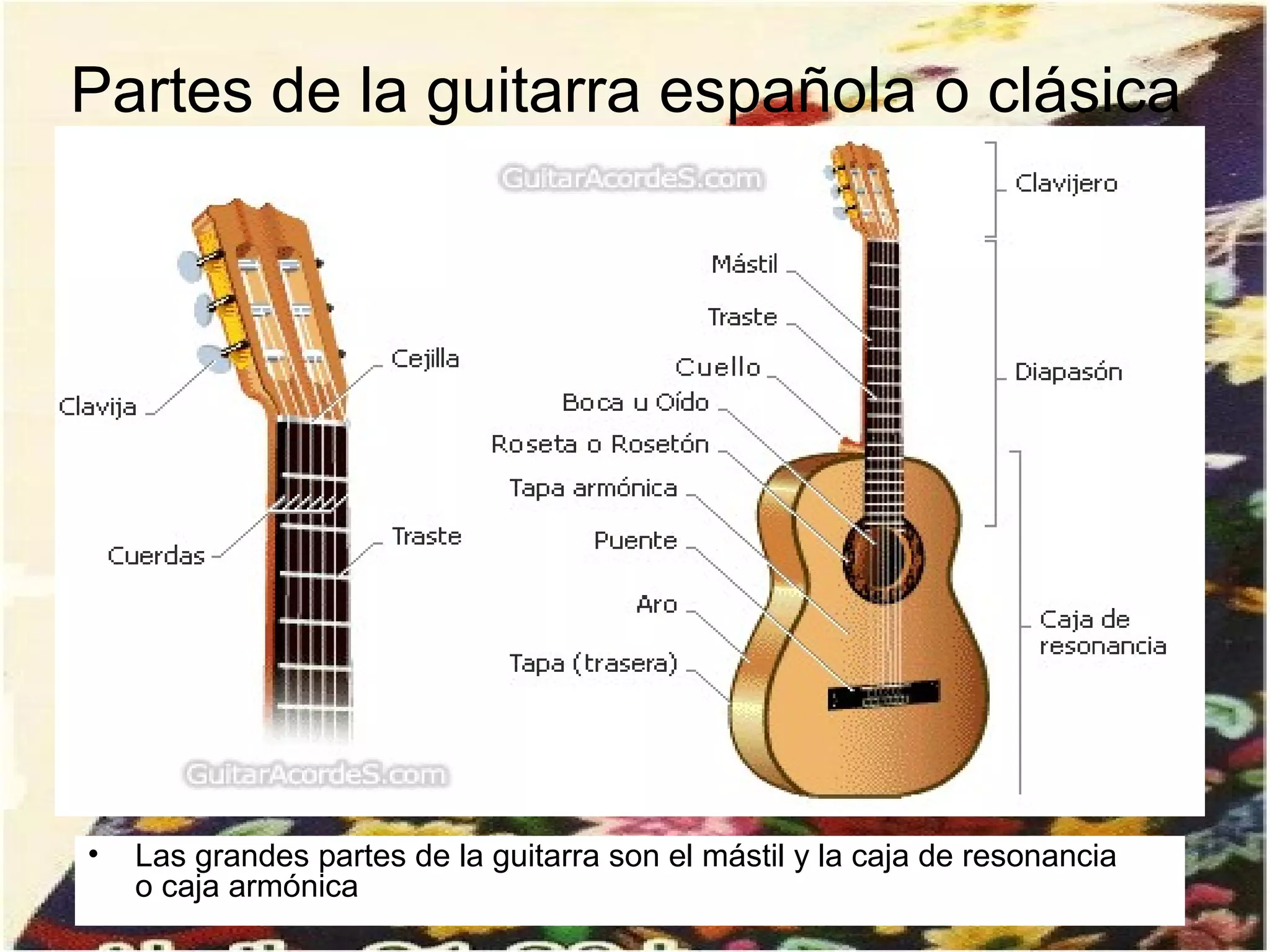 Partes de la guitarra española o clásica




•   Las grandes partes de la guitarra son el mástil y la caja de resonancia
    o caja armónica
 