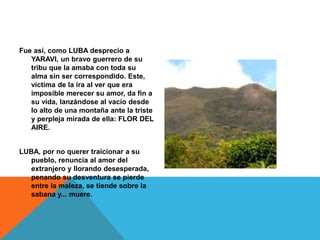 Fue así, como LUBA desprecio a 
YARAVI, un bravo guerrero de su 
tribu que la amaba con toda su 
alma sin ser correspondido. Este, 
victima de la ira al ver que era 
imposible merecer su amor, da fin a 
su vida, lanzándose al vacío desde 
lo alto de una montaña ante la triste 
y perpleja mirada de ella: FLOR DEL 
AIRE. 
LUBA, por no querer traicionar a su 
pueblo, renuncia al amor del 
extranjero y llorando desesperada, 
penando su desventura se pierde 
entre la maleza, se tiende sobre la 
sabana y... muere. 
 