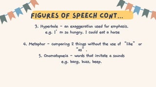 T
figures of speech cont…
3. Hyperbole - an exaggeration used for emphasis.
e.g. I’m so hungry. I could eat a horse
4. Metaphor - comparing 2 things without the use of “like” or
“as”.
5. Onomatopoeia - words that imitate a sounds
e.g. bang, buzz, beep.
 