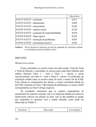 Mariângela Gentil Savóia e outros.
Descritivo
FAT1V-FAT1T - confronto 0,211
FAT2V-FAT2T - afastamento 0,403
FAT3V-FAT3T - autocontrole 0,282
FAT4V-FAT4T - suporte social 0,125
FAT5V-FAT5T - aceitação de responsabilidade 0,870
FAT6V-FAT6T - fuga-esquiva 0,253
FAT7V-FAT7T - resolução de problemas 0,587
FAT8V-FAT8T - reavaliação positiva 0,952
Tabela 4: Níveis descritivos referentes ao teste de igualdade de correlações obtidas
na consistência interna (validade e teste)
PRECISÃO
Método teste-reteste
Foram calculados os escores totais em cada sessão, Total do Teste
e Total do Reteste, e calculados os escores para cada fator (obtidos pela
análise fatorial): Fator 1 - teste e Fator 1 - reteste, e assim
sucessivamente, até Fator 8 - teste e Fator 8 - reteste. O coeficiente de
correlação obtido entre os escores totais do teste e reteste foi de 0,704.
Com relação às comparações dos fatores, a menor correlação obtida foi
de 0,396, referente ao Fator 7 (Resolução de problemas), e a maior, 0,693
correspondente ao Fator 6 (Fuga-esquiva).
Os resultados mostraram que os sujeitos responderam ao
questionário de maneira coerente, isto é, as respostas obtidas no reteste se
mantiveram estáveis em relação ao teste. Isto se deu também no grupo
que respondeu às questões com a ordem alterada, como pode ser
observado na Tabela 5.
Variáveis Descrição Correlação
194
 