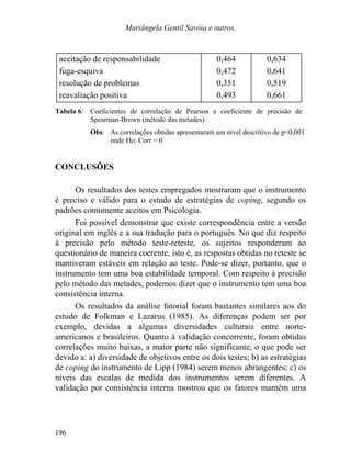 Mariângela Gentil Savóia e outros.
aceitação de responsabilidade 0,464 0,634
fuga-esquiva 0,472 0,641
resolução de problemas 0,351 0,519
reavaliação positiva 0,493 0,661
Tabela 6: Coeficientes de correlação de Pearson e coeficiente de precisão de
Spearman-Brown (método das metades)
Obs: As correlações obtidas apresentaram um nível descritivo de p<0,001
onde Ho: Corr = 0
CONCLUSÕES
Os resultados dos testes empregados mostraram que o instrumento
é preciso e válido para o estudo de estratégias de coping, segundo os
padrões comumente aceitos em Psicologia.
Foi possível demonstrar que existe correspondência entre a versão
original em inglês e a sua tradução para o português. No que diz respeito
à precisão pelo método teste-reteste, os sujeitos responderam ao
questionário de maneira coerente, isto é, as respostas obtidas no reteste se
mantiveram estáveis em relação ao teste. Pode-se dizer, portanto, que o
instrumento tem uma boa estabilidade temporal. Com respeito à precisão
pelo método das metades, podemos dizer que o instrumento tem uma boa
consistência interna.
Os resultados da análise fatorial foram bastantes similares aos do
estudo de Folkman e Lazarus (1985). As diferenças podem ser por
exemplo, devidas a algumas diversidades culturais entre norte-
americanos e brasileiros. Quanto à validação concorrente, foram obtidas
correlações muito baixas, a maior parte não significante, o que pode ser
devido a: a) diversidade de objetivos entre os dois testes; b) as estratégias
de coping do instrumento de Lipp (1984) serem menos abrangentes; c) os
níveis das escalas de medida dos instrumentos serem diferentes. A
validação por consistência interna mostrou que os fatores mantêm uma
196
 