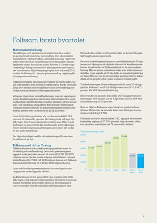 4
Folksam första kvartalet
Marknadsutveckling
Försäkrings- och pensionssparandebranschen verkar
på en marknad under stor omvandling. Den ekonomiska
osäkerheten i världen bidrar, samtidigt som nya regelverk
ställer stora krav på omställning av verksamheter. Sedan
årsskiftet verkar branschen under Solvens 2 (försäkrings-
rörelselag). Bolag som bedriver tjänstepensionsverksam-
het kan däremot följa övergångsregler från och med 2016,
istället för Solvens 2, i väntan på eventuell ny reglering för
tjänstepensionsföretag.
Folksam fortsätter sin stabila utveckling på marknaden. En-
ligt premiesiffror från Svensk Försäkring för fjärde kvartalet
2015 är vi fortsatt marknadsledare inom livförsäkring och
tredje störst på skadeförsäkringsmarknaden.
Vi tappar något inom motorförsäkringar, men det uppvägs av
övriga försäkringsgrenar därvi ökar eller behållervåra mark-
nadsandelar. Särskilt kraftig fortsätter tillväxten att vara inom
sjuk- och olycksfall. Enligt siffror från Svensk Försäkring är
Folksams marknadsandel på sakförsäkringsmarknaden oför-
ändrad jämfört med föregående år på 16,3 procent.
Inom livförsäkring minskar vår marknadsandel till 16,6
procent för inbetalda premier för både gamla och nya för-
säkringar. Det är en önskvärd utveckling som följer av de
ändringar vi genomfört i den traditionella livförsäkringen
för att minska engångsinsättningar som enbart vill ta del
av vår goda återbäring.
Det låga ränteläget medför att avkastningen i branschen
fortsätter att gå ner.
Folksam med dotterföretag
Folksam fortsätter att utvecklas enligt plan både inom liv-
försäkring och sakförsäkring. Den totala premievolymen
uppgick under perioden januari till mars till 21 322 (22 167)
miljoner kronor. Av den totala volymen står Folksam Liv med
dotterföretag för 17 869 (18 902) miljoner kronor och Folksam
Sak med dotterföretag för 3 454 (3 265) miljoner kronor.
Inom sakförsäkringsverksamheten har samtliga försäk-
ringsgrenar underliggande tillväxt.
De förändringar vi har genomfört i den traditionella livför-
säkringen, med olika återbäringsräntor för nytt och gammal
kapital, fortsätter att ge effekt i form av att engångspre-
mierna minskar och de månatliga inbetalningarna ökar.
Därmed säkerställer vi att kunderna får en fortsatt långsik-
tigt tryggt pensionssparande.
De stora utvecklingssatsningarna, som förbättring av IT-sys-
temen och ökning avvår digitala närvaro för kundkommuni-
kation, fortsätter för att Folksam ska bli ett än mer modernt
företag. Men de driver också kostnader, som vi för närvaran-
de håller noga uppsikt på. Vi ska hålla en investeringstakt på
en miljard kronor per år och samtidigt prioritera för att säker-
ställa att de projekt vi har i gång levererar avsedd nytta.
Totalavkastningen för perioden januari till mars 2016 upp-
gick för Folksam Liv till 0,0 (6,0) procent och till -0,2 (6,7)
procent för KPA Pensionsförsäkring.
Sett över de fem senaste åren 2011-2015 uppgick totalav-
kastningen för Folksam Liv till 7,3 procent och för KPA Pen-
sionsförsäkring till 7,5 procent.
Som en följd av Folksams utveckling har antalet heltids-
tjänster ökat under de senaste åren, men ökningen har nu
stagnerat på drygt 3 700.
Folksams index för kundnöjdhet (FKI) uppgick efter första
kvartalets utgång till 77 (79) procent nöjda kunder, vilket
kan jämföras med målet om 78 procent för helåret.
0
10000
20000
30000
40000
50000
2016
Mars
2015
Mars
20152014201320122011
33 263
35 226
40 438
47 501
50 469
21 32222 166
Total premievolym, Mkr
 